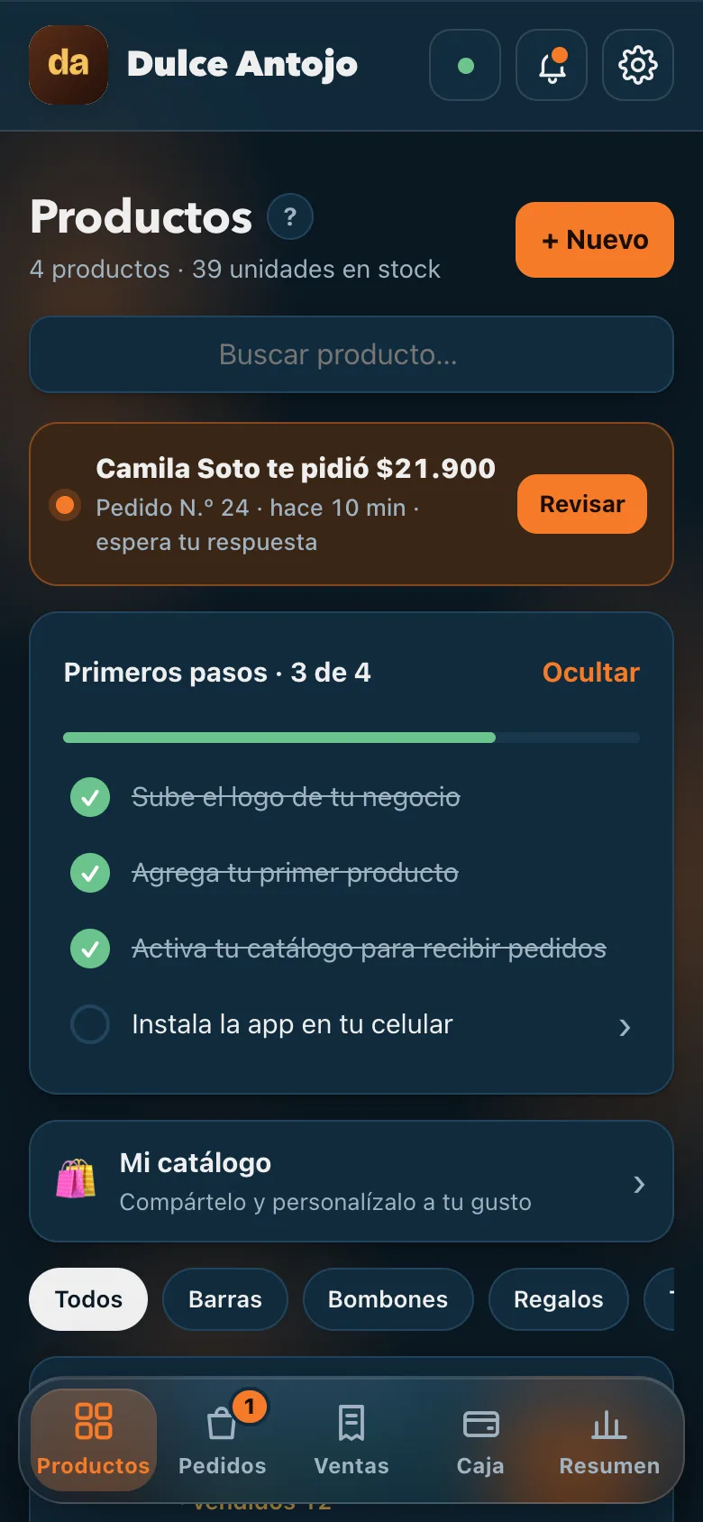 Productos con precio, ganancia por unidad, stock y botón Vender