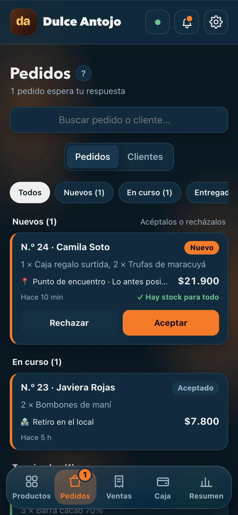 Lista de pedidos con nuevos, aceptados y entregados